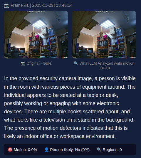 sq live narrator --url rtsp://192.168.1.1:554/h264Preview_01_main --tts --duration 20 --yaml --frames changed --focus person --tts --file report.html --model llava:13b --motion people